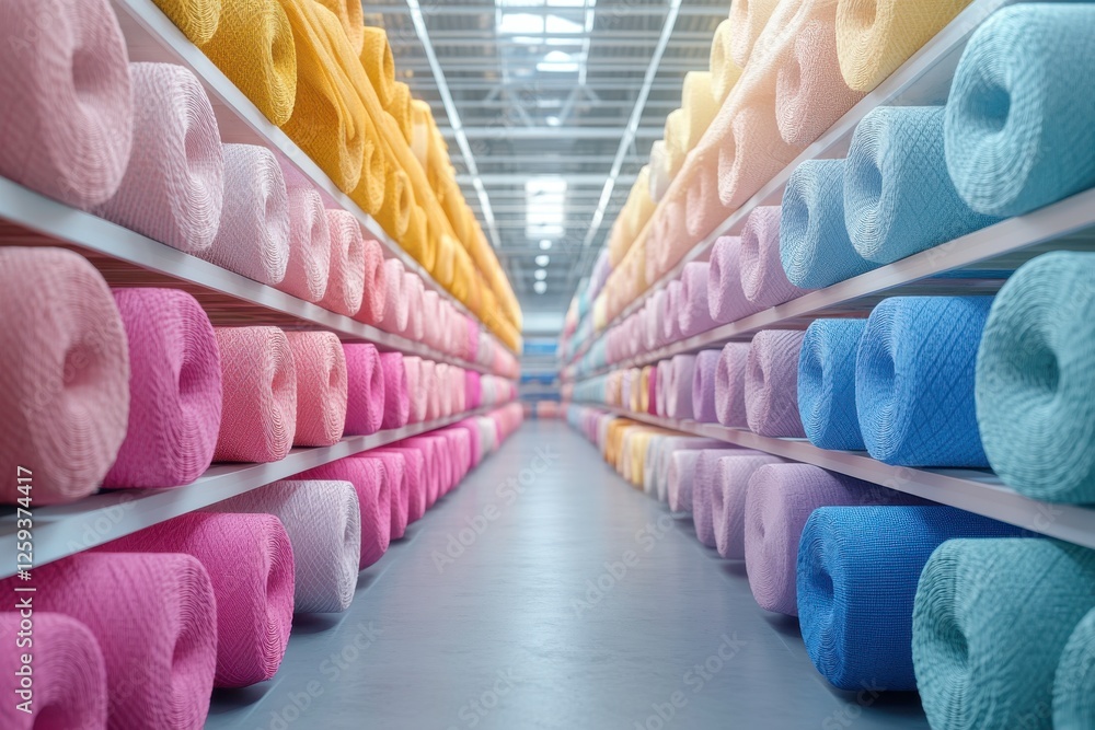 Poster a colorful display of rolls of fabric arranged neatly on shelves, creating a vibrant and inviting ai