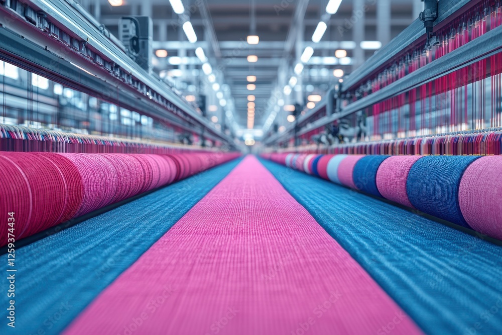 Poster a vibrant textile factory scene showcasing colorful threads on weaving machines, highlighting the in