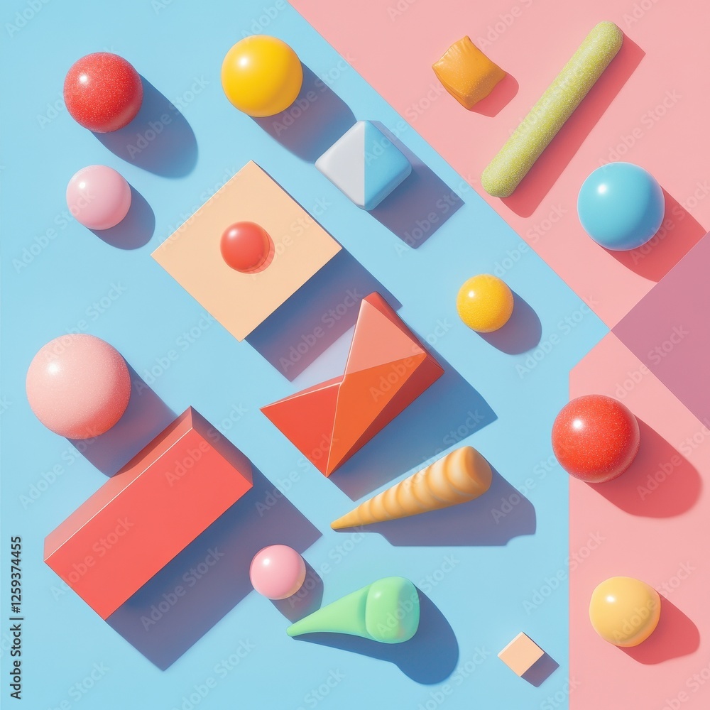 Poster an assortment of colorful three dimensional shapes is neatly arranged