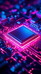Neon-lit CPU on circuit board, tech background, digital future