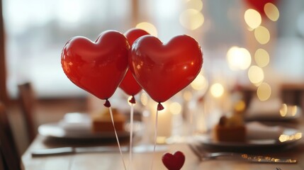 Elegant Valentine’s Day 2024 scene featuring heart-shaped balloons and an intimate dinner setup, capturing the romance and special moments perfect for Valentine’s Day content.