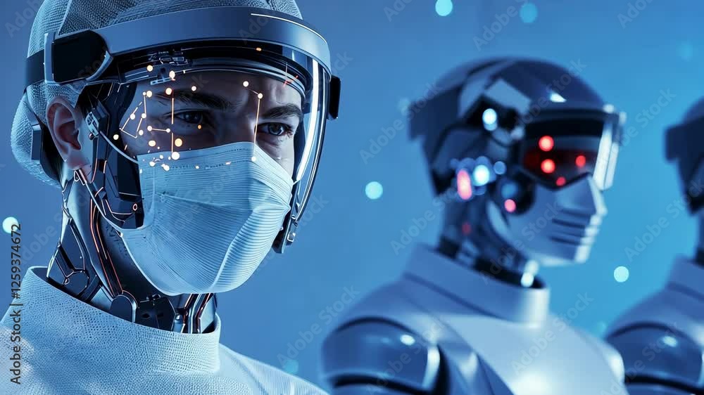 Poster futuristic scene of humanoid robots and person in mask and visor showcasing advanced technology and 