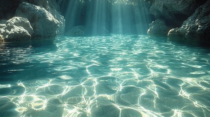 Serene underwater scene with sunlight rays illuminating crystal-clear water in a cave