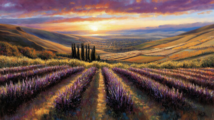 Obraz premium A painting of a vineyard with purple flowers and a sunset in the background