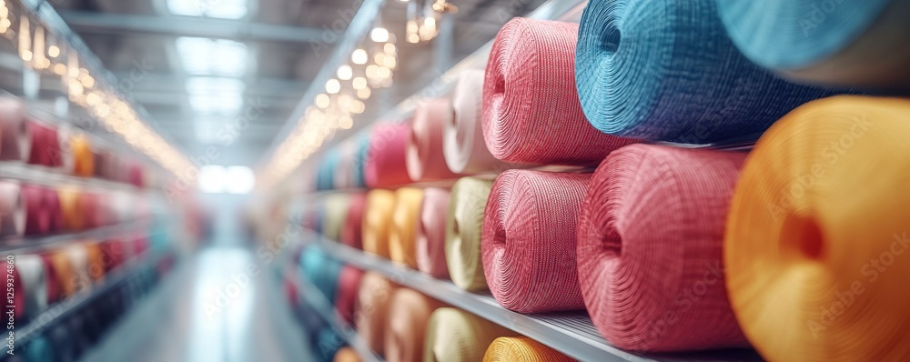Poster a colorful array of yarn spools neatly arranged on shelves, creating a vibrant and inviting atmosphe