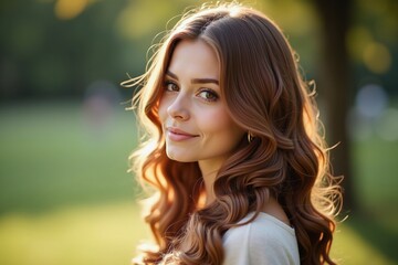 Naklejka premium A Woman With Long Brown Hair Posing for a Picture in a Park - Generative AI