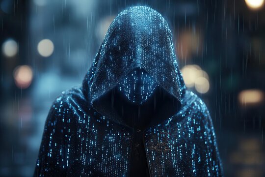digital matrix rain effect surrounding mysterious hooded figure glowing binary code fragments scattered across dark atmospheric scene