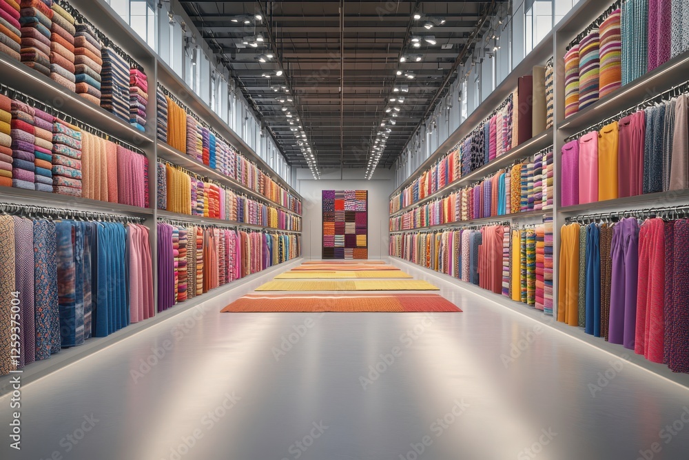 Poster a vibrant fabric store displays a wide array of colorful textiles, neatly arranged on shelves, creat