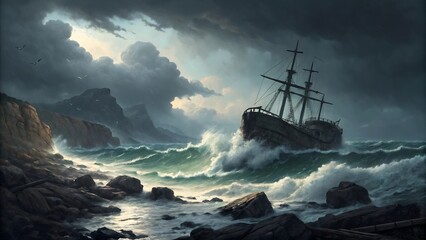 Obraz premium Shipwrecked vessel struggling against stormy waves