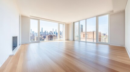Obraz premium Spacious modern interior with large windows and city skyline view.