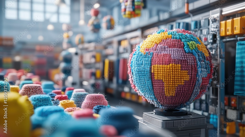 Poster a colorful globe made of blocks stands in a vibrant warehouse filled with various containers and ite