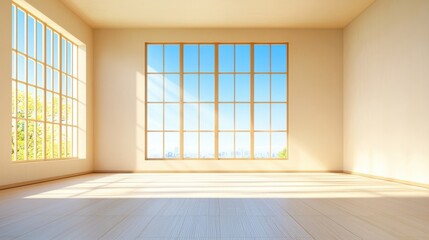 Obraz premium Bright empty room with large windows and natural light streaming in.
