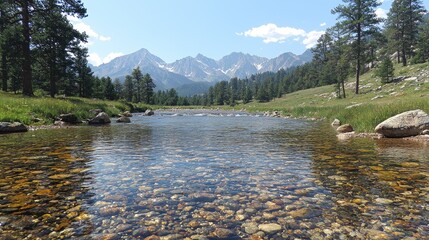 Serene mountain river flowing through lush green landscape under a clear blue sky