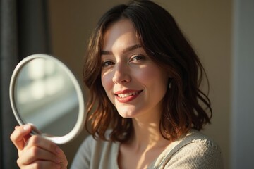 A Woman Holding up a Mirror and Smiling at the Camera - Generative AI