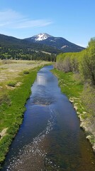 Serene river flowing through lush green landscape with mountains in the background