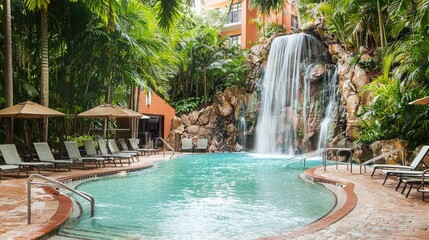 Serene tropical resort pool with waterfall, surrounded by lush greenery and lounge chairs