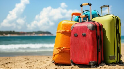 Colorful luggage stacked on sandy beach with ocean waves and blue sky in background