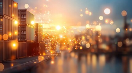 Obraz premium Sunset over container port with sparkling lights urban landscape photography industrial environment aerial view maritime concept