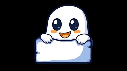 Obraz premium Cute cartoon ghost character with a cheerful expression peeking from behind a blank sign