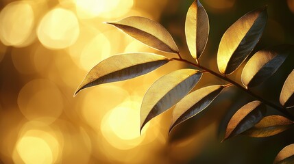 Golden leaves illuminated by sunlight, creating a warm and tranquil atmosphere in nature