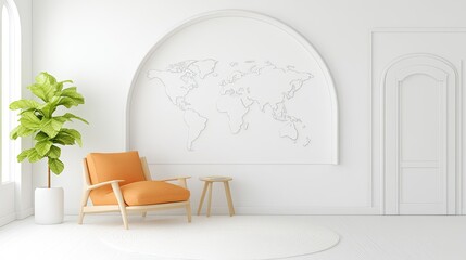 Cozy modern living room with orange armchair, minimalist decor, and world map wall art