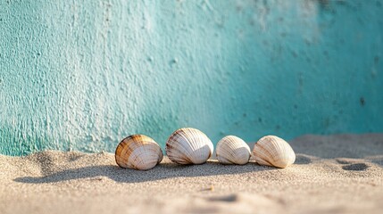 Four Seashells On Sand Against Turquoise Wall