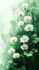 Lush green background with delicate white flowers blooming, creating a serene and tranquil atmosphere