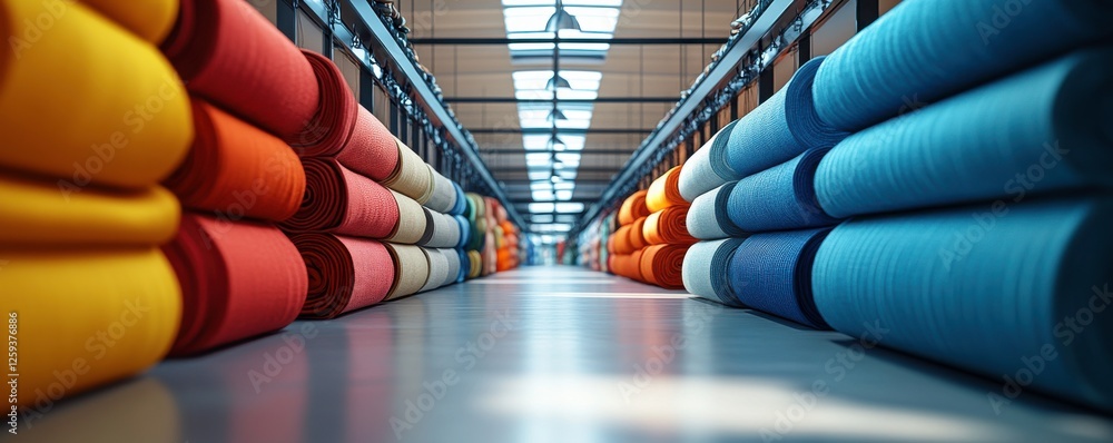 Aufkleber a vibrant warehouse filled with neatly stacked rolls of colorful fabric, creating a visually strikin