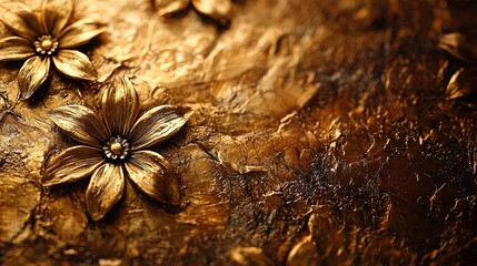 Close-up of textured golden flowers on a dark background, showcasing intricate details and artistic design