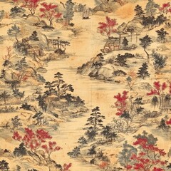 Serene Asian Landscape with Red Foliage and Tranquil Water Scene