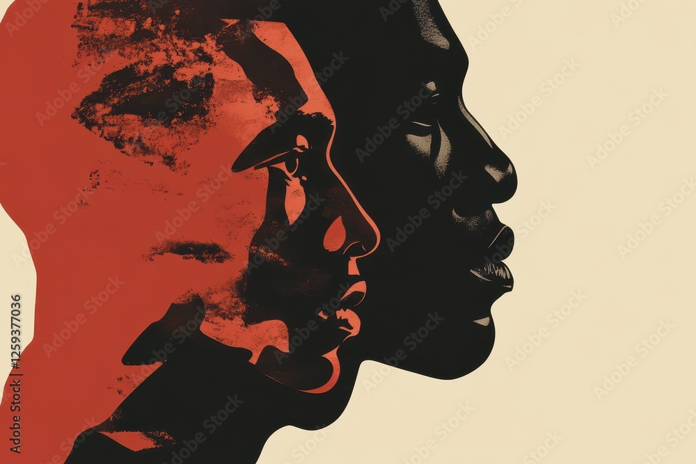 Poster an illustration depicts two distinct faces overlapping on a background