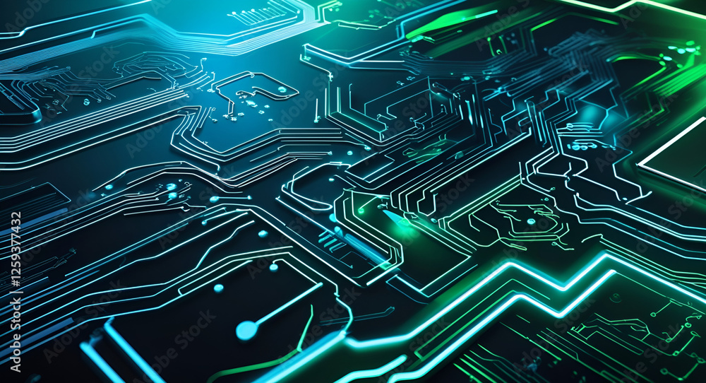 Aufkleber blue electronic circuit board with microchip and digital network pattern