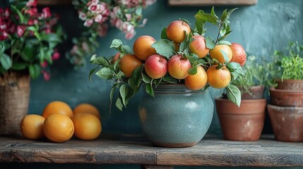 A vibrant arrangement of apples and oranges in a rustic pot, surrounded by colorful flowers and greenery