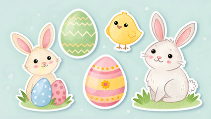 Cute Easter stickers, bunny and chicks with eggs and flowers. Sticker-style holiday illustration on pastel background