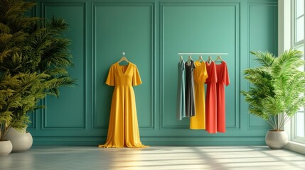 A vibrant room with a teal wall features a yellow dress hanging alongside colorful dresses, complemented by lush greenery in stylish pots.