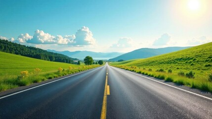 Fototapeta premium Asphalt road stretching towards distant hills under a vibrant summer sky, a picturesque journey ahead
