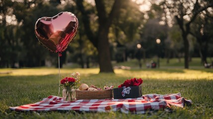 Romantic Valentine’s Day picnic setup in a park. Featuring a picnic blanket, flowers, and a heart-shaped balloon. Highlighting love and intimacy. Ideal for romantic themes.