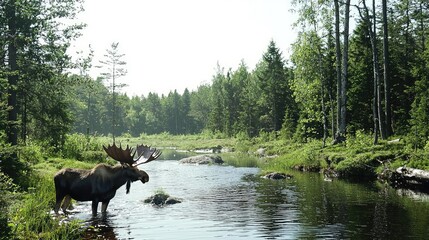 Majestic moose standing by a serene river surrounded by lush green forest on a sunny day