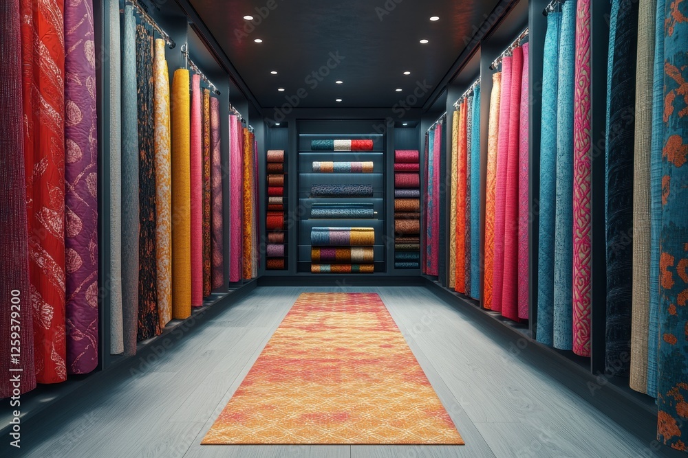 Poster a vibrant display of colorful fabric rolls lined up in a stylish showroom, showcasing a variety of t
