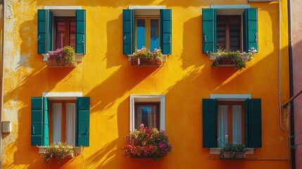 Sunny Italian building facade, vibrant windows, flowers, travel