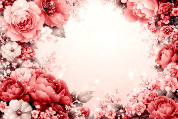 A flowery background with a white border. The flowers are red and pink