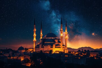 Ramadan or islam concept. Suleymaniye Mosque and the Milky Way. Laylat al-qadr or kadir gecesi with generative ai