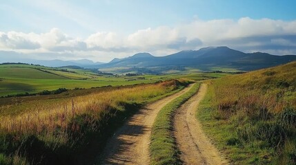 Obraz premium Scenic countryside view with winding dirt road, rolling hills, and distant mountains under blue sky