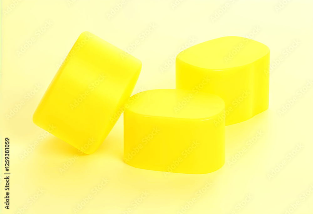 Poster three bright yellow, cylindrical shapes rest on a pale yellow background. the objects are smooth and