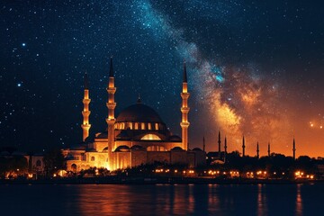 Ramadan or islam concept. Suleymaniye Mosque and the Milky Way. Laylat al-qadr or kadir gecesi with generative ai