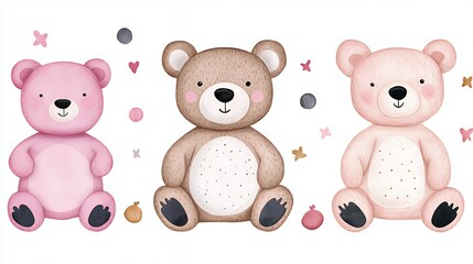 Three Pastel Teddy Bears Watercolor Illustration