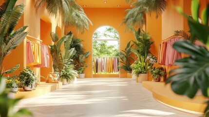 A vibrant interior hallway adorned with lush greenery and colorful garments hanging, creating a warm and inviting atmosphere.