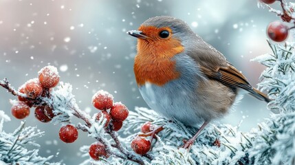 European Robin Perched On Snow Covered Branch With Berries