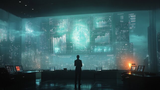 Futuristic Cityscape Control Room Data Analysis