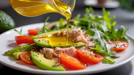 Fresh tuna salad drizzled with olive oil, featuring vibrant vegetables and greens